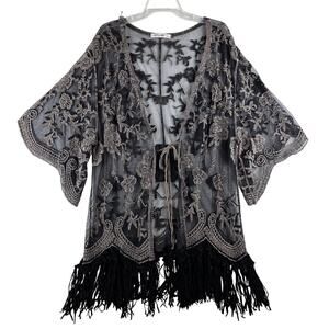 Origami Vivien Kimono Womens OS Embroidered Lace Sheer Boho Gypsy Leather Fringe